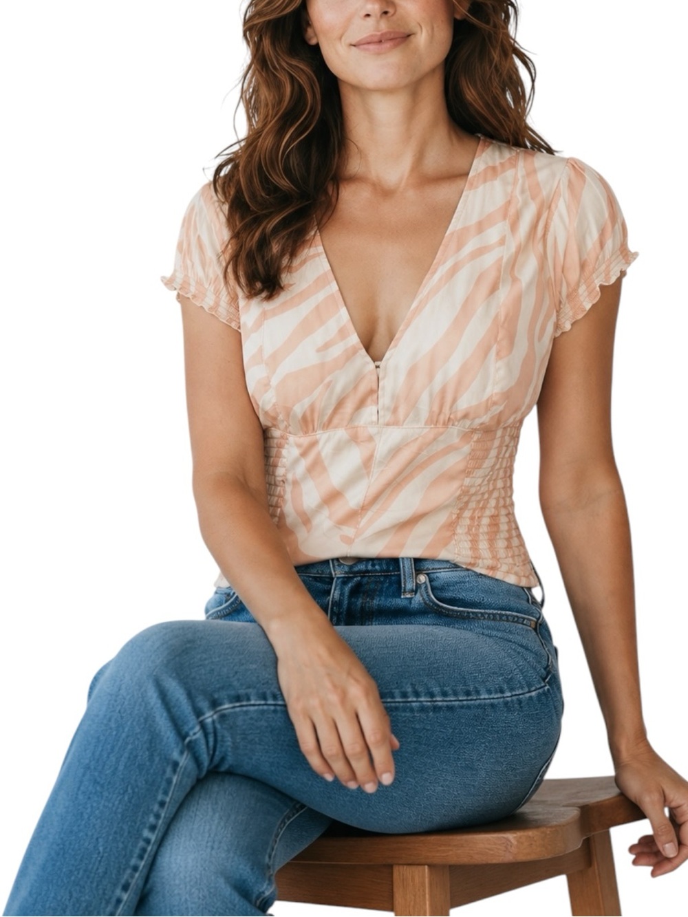 FREE PEOPLE “Show Me Love” Peach Zebra-Stripe V-Neck Smocked Waist Top SMALL - Picture 2 of 9